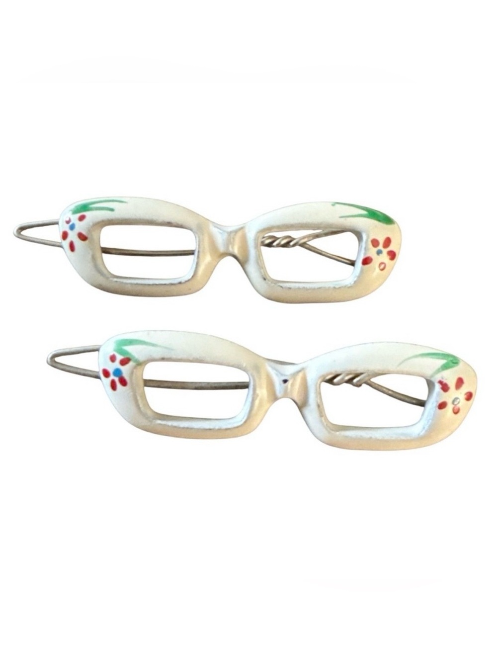 Vintage Cateye Glasses Barrettes‎ Hair Clips, Hand Painted White, Deadstock, 2”